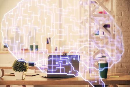 Double exposure of brain drawing and office interior background. Concept of data technology.