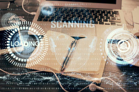 Multi exposure of data theme drawings and desk with open notebook background. Concept of education