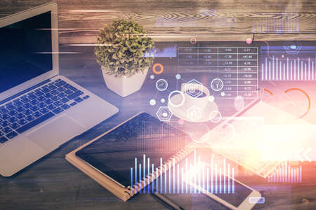 Double exposure of data theme drawing and mobile phone background. Concept of innovation