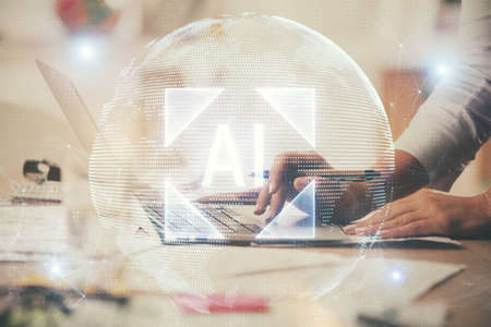Double exposure of woman hands working on computer and data theme hologram drawing. Tech concept.