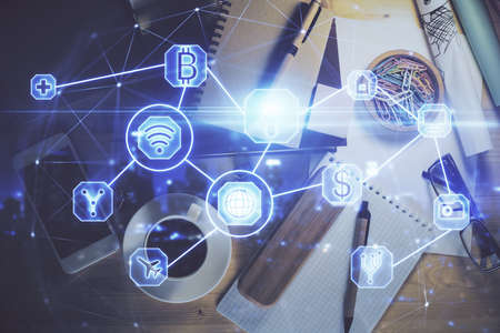 Double exposure of social network theme drawing and work table top veiw. Concept of international...
