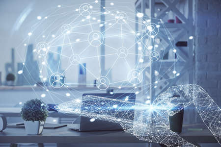 Double exposure of social network theme drawing and office interior background. Concept of web.