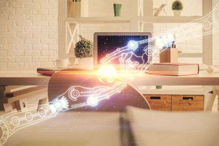 Double exposure of data theme drawing and office interior background. Concept of technology.