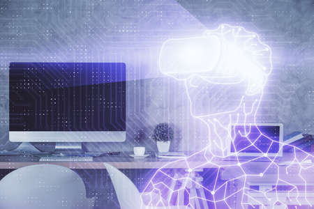 Double exposure of man in VR glasses drawing and office interior background. Concept of AR.