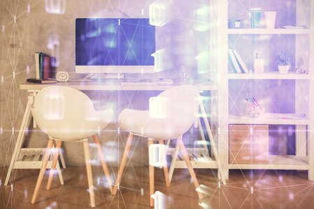 Multi exposure of data theme drawing and office interior background. Concept of technology.の写真素材