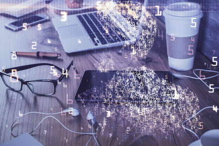 Double exposure of tech theme sketch over cell phone background. Concept of technologyの写真素材