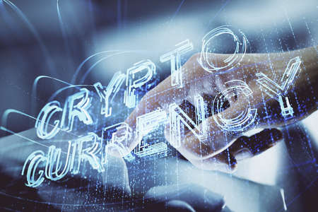 Double exposure of mans hands holding and using a phone and crypto currency theme drawing.