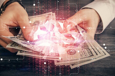 Multi exposure of brain drawing hologram and us dollars bills and man hands. Ai invest concept