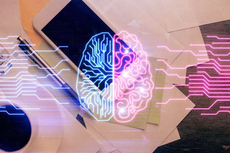 Double exposure of brain drawing over work table desktop. Top view. Global data analysis concept.