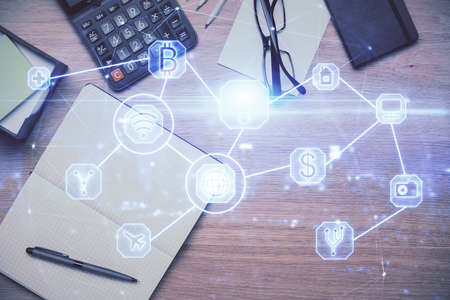 Double exposure of social network theme drawing and work table top veiw. Concept of international...