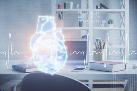 Double exposure of heart drawing and office interior background. Concept of medical education.の写真素材