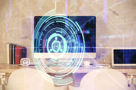 Multi exposure of data theme drawing and office interior background. Concept of technology.