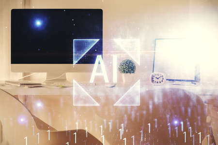 Multi exposure of data theme drawing and office interior background. Concept of technology.