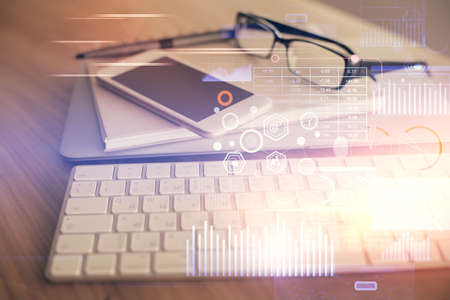 Double exposure of data theme drawing and mobile phone background. Concept of innovationの写真素材