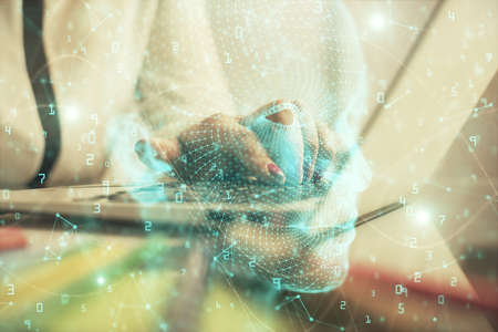 Multi exposure of woman hands working on computer and human brain hologram drawing. Ai tech concept.