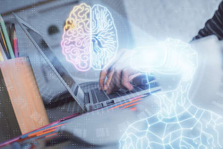 Double exposure of woman hands typing on computer and man in AR glasses drawing. Education concept.