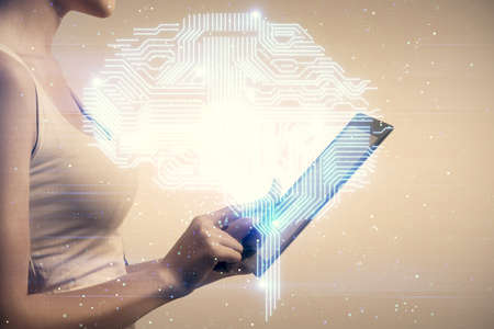 Double exposure of brain sketch hologram and woman holding and using a mobile device.