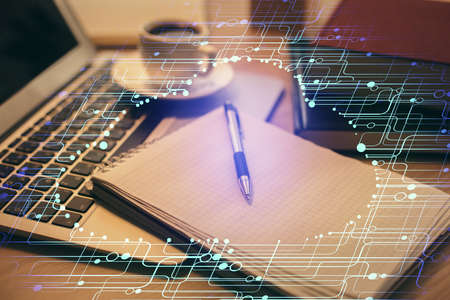 Double exposure of technology theme drawing and desktop with coffee and items on table background....
