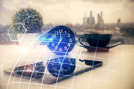 Double exposure of map drawing and cell phone background. Concept of data globalization