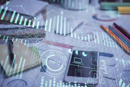 Double exposure of tech theme sketch over cell phone background. Concept of technology
