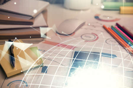 Double exposure of map drawing and cell phone background. Concept of data globalizationの写真素材