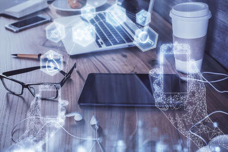 Double exposure of tech theme sketch over cell phone background. Concept of technologyの写真素材