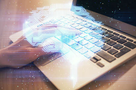 Multi exposure of woman hands working on computer and brain hologram drawing. Ai concept.