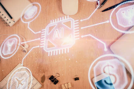 Multi exposure of technology theme drawing over work table desktop. Top view. Global data analysis...
