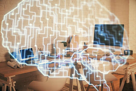Double exposure of brain drawing and office interior background. Concept of data technology.