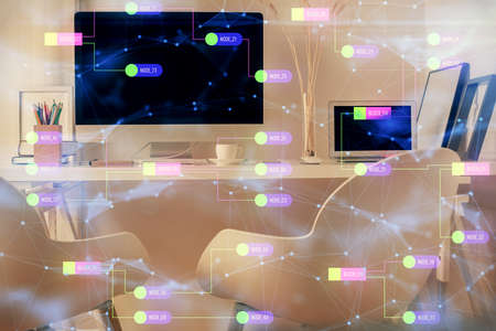 Double exposure of data theme drawing and office interior background. Concept of technology.
