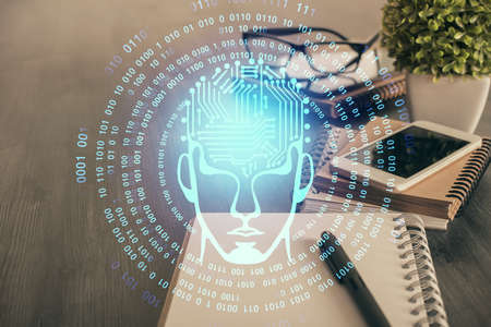 Double exposure of brain theme drawing and cell phone background. Concept of informationの写真素材