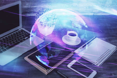 Double exposure of tech theme sketch over cell phone background. Concept of technologyの写真素材