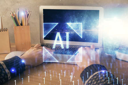 Double exposure of woman hands working on computer and data theme hologram drawing. Tech concept.