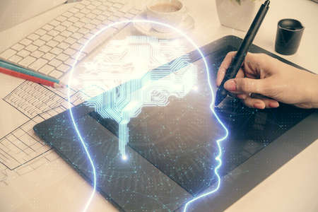 Double exposure of brain sketch hologram and woman holding and using a mobile device.