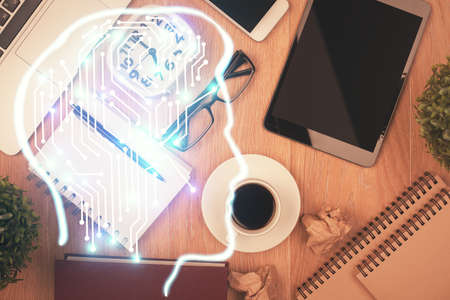 Multi exposure of brain drawing over work table desktop. Top view. Global data analysis concept.の写真素材