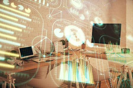 Double exposure of data theme drawing and office interior background. Concept of technology.の写真素材
