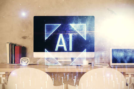 Multi exposure of data theme drawing and office interior background. Concept of technology.