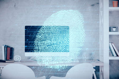 Double exposure of finger print and office interior background. Concept of security.