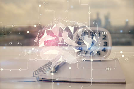 Multi exposure of brain drawings and desk with open notebook background. Concept of AIの写真素材