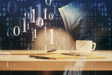 Multi exposure of technology theme drawing and desktop with coffee and items on table background....