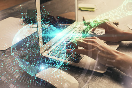 Double exposure of woman hands working on computer and data theme hologram drawing. Tech concept.