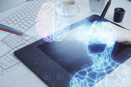 Double exposure of man in vr glasses sketch hologram and woman holding and using a mobile device.