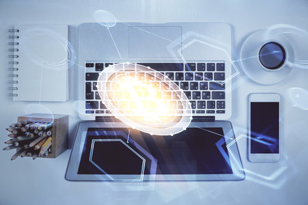 Blockchain theme hologram drawings over computer on the desktop background. Top view. Double exposure.の写真素材