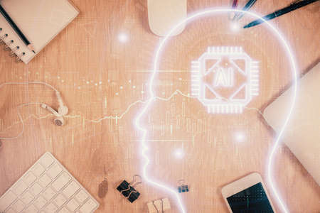 Double exposure of brain drawing over work table desktop. Top view. Global data analysis concept.
