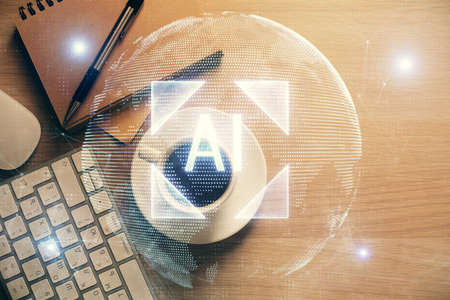 Double exposure of technology theme drawing over work table desktop. Top view. Global data analysis concept.の写真素材