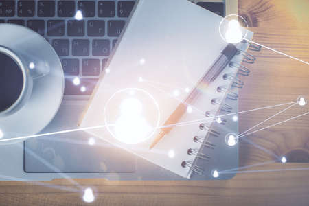 Double exposure of social network theme drawing and work table top veiw. Concept of international...