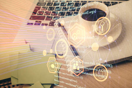 Multi exposure of technology theme drawing and desktop with coffee and items on table background....