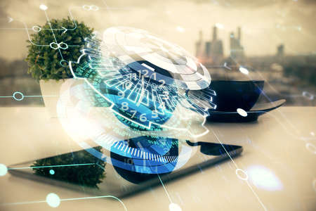 Double exposure of data theme drawing and mobile phone background. Concept of innovation