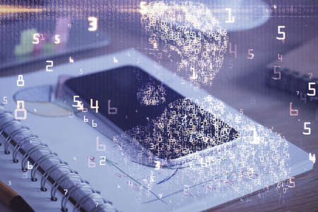 Double exposure of tech theme sketch over cell phone background. Concept of technology