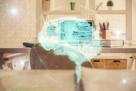 Double exposure of brain drawing and office interior background. Concept of data technology.